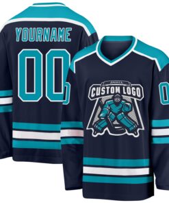 Custom Navy Teal-White Hockey Jersey