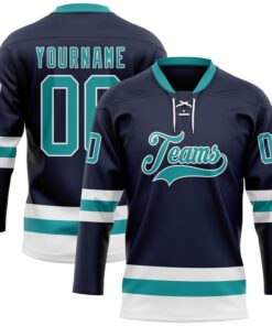 Custom Navy Teal-White Hockey Lace Neck Jersey