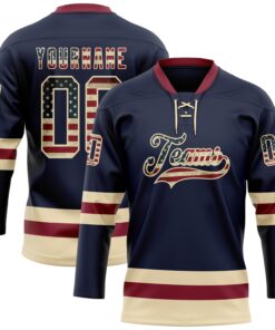 Custom Navy Vintage USA Flag Cream-Crimson Hockey Lace Neck Jersey