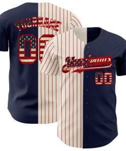Custom Navy Vintage USA Flag Cream-Red Pinstripe Authentic Split Fashion Baseball Jersey