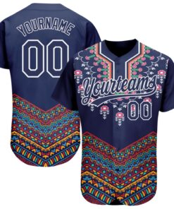 Custom Navy White 3D Pattern Design Vintage Floral African Ethnic Style Authentic Baseball Jersey