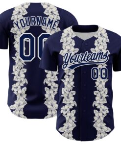 Custom Navy White 3D Tropical Hawaii Leaves And Flower Authentic Baseball Jersey