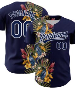 Custom Navy White 3D Tropical Hawaii Palm Tree And Bird Authentic Baseball Jersey