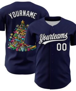 Custom Navy White-Black 3D Funny Christmas Authentic Baseball Jersey