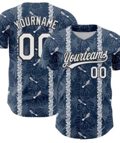 Custom Navy White-Black 3D Tropical Hawaii Jungle Leaves And Flower Authentic Baseball Jersey