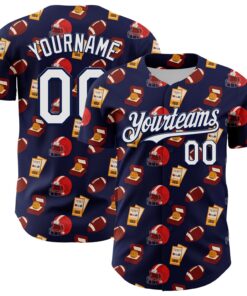 Custom Navy White Comic Doodle Ballgame 3D Pattern Design Authentic Baseball Jersey
