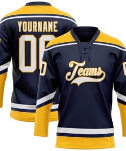 Custom Navy White-Gold Hockey Lace Neck Jersey