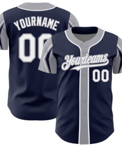 Custom Navy White-Gray 3 Colors Arm Shapes Authentic Baseball Jersey