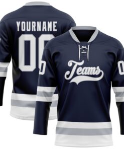 Custom Navy White-Gray Hockey Lace Neck Jersey