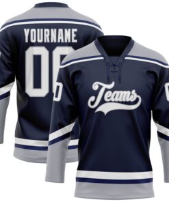 Custom Navy White-Gray Hockey Lace Neck Jersey