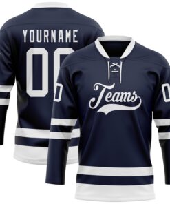 Custom Navy White Hockey Lace Neck Jersey
