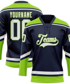Custom Navy White-Neon Green Hockey Lace Neck Jersey