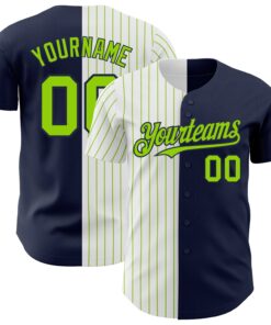 Custom Navy White-Neon Green Pinstripe Authentic Split Fashion Baseball Jersey