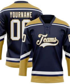 Custom Navy White-Old Gold Hockey Lace Neck Jersey