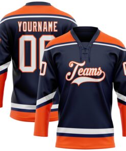 Custom Navy White-Orange Hockey Lace Neck Jersey
