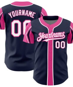 Custom Navy White-Pink 3 Colors Arm Shapes Authentic Baseball Jersey