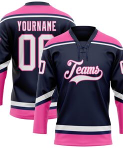 Custom Navy White-Pink Hockey Lace Neck Jersey