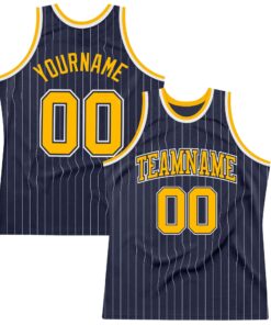 Custom Navy White Pinstripe Gold Authentic Basketball Jersey