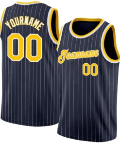 Custom Navy White Pinstripe Gold-White Authentic Basketball Jersey