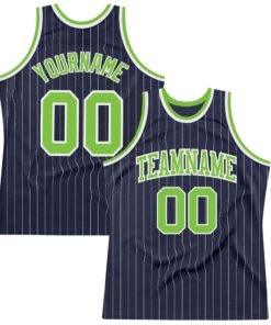 Custom Navy White Pinstripe Neon Green Authentic Basketball Jersey