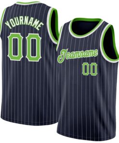 Custom Navy White Pinstripe Neon Green-White Authentic Basketball Jersey