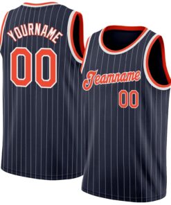Custom Navy White Pinstripe Orange-White Authentic Basketball Jersey
