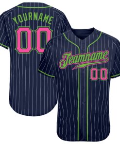 Custom Navy White Pinstripe Pink-Neon Green Authentic Baseball Jersey