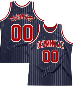 Custom Navy White Pinstripe Red Authentic Basketball Jersey