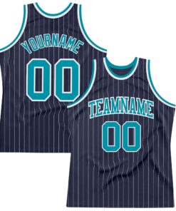 Custom Navy White Pinstripe Teal Authentic Basketball Jersey