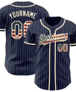Custom Navy White Pinstripe Vintage USA Flag-Cream Authentic Baseball Jersey
