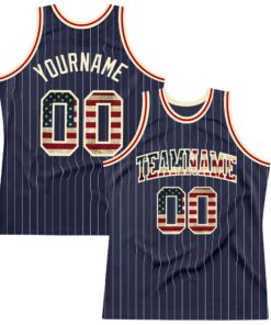 Custom Navy White Pinstripe Vintage USA Flag Cream-Red Authentic Basketball Jersey