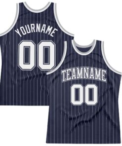 Custom Navy White Pinstripe White-Gray Authentic Basketball Jersey