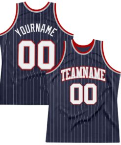 Custom Navy White Pinstripe White Gray-Red Authentic Basketball Jersey
