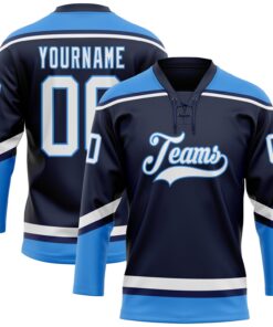Custom Navy White-Powder Blue Hockey Lace Neck Jersey