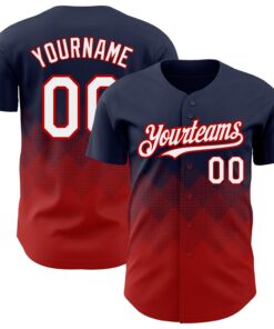 Custom Navy White-Red 3D Pattern Design Gradient Square Shapes Authentic Baseball Jersey
