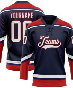 Custom Navy White-Red Hockey Lace Neck Jersey