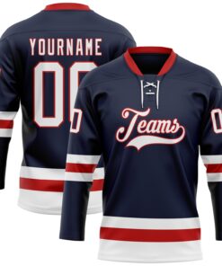 Custom Navy White-Red Hockey Lace Neck Jersey