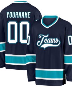 Custom Navy White-Teal Hockey Jersey