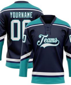 Custom Navy White-Teal Hockey Lace Neck Jersey
