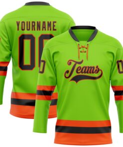 Custom Neon Green Black-Orange Hockey Lace Neck Jersey