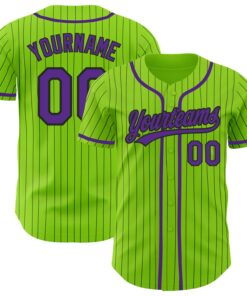 Custom Neon Green Black Pinstripe Purple Authentic Baseball Jersey