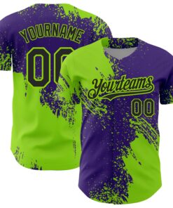 Custom Neon Green Black-Purple 3D Pattern Design Abstract Brush Stroke Authentic Baseball Jersey