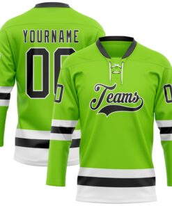 Custom Neon Green Black-White Hockey Lace Neck Jersey