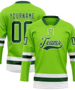 Custom Neon Green Green-White Hockey Lace Neck Jersey