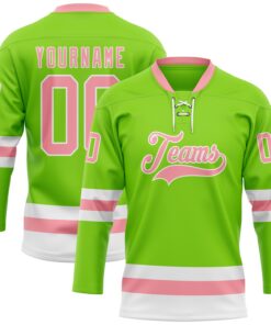 Custom Neon Green Medium Pink-White Hockey Lace Neck Jersey