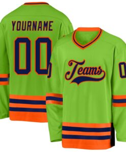 Custom Neon Green Navy-Orange Hockey Jersey