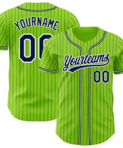 Custom Neon Green Navy Pinstripe Navy-White Authentic Baseball Jersey