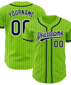 Custom Neon Green Navy Pinstripe White Authentic Baseball Jersey