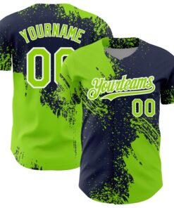 Custom Neon Green Navy-White 3D Pattern Design Abstract Brush Stroke Authentic Baseball Jersey