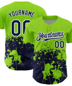 Custom Neon Green Navy-White 3D Pattern Design Abstract Splash Grunge Art Authentic Baseball Jersey